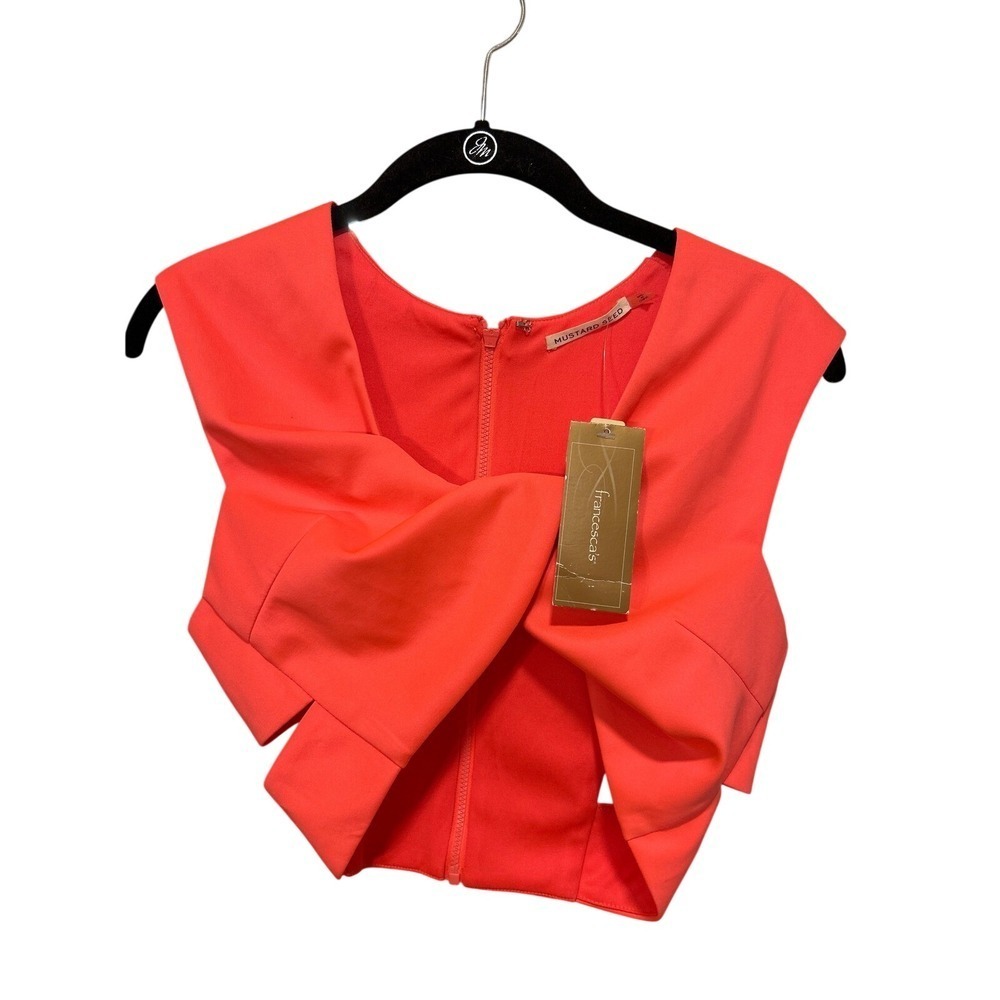 Mustard Seed Francesca's Bow Front Cutout Crop Top Coral Pink Neon Orange L NEW